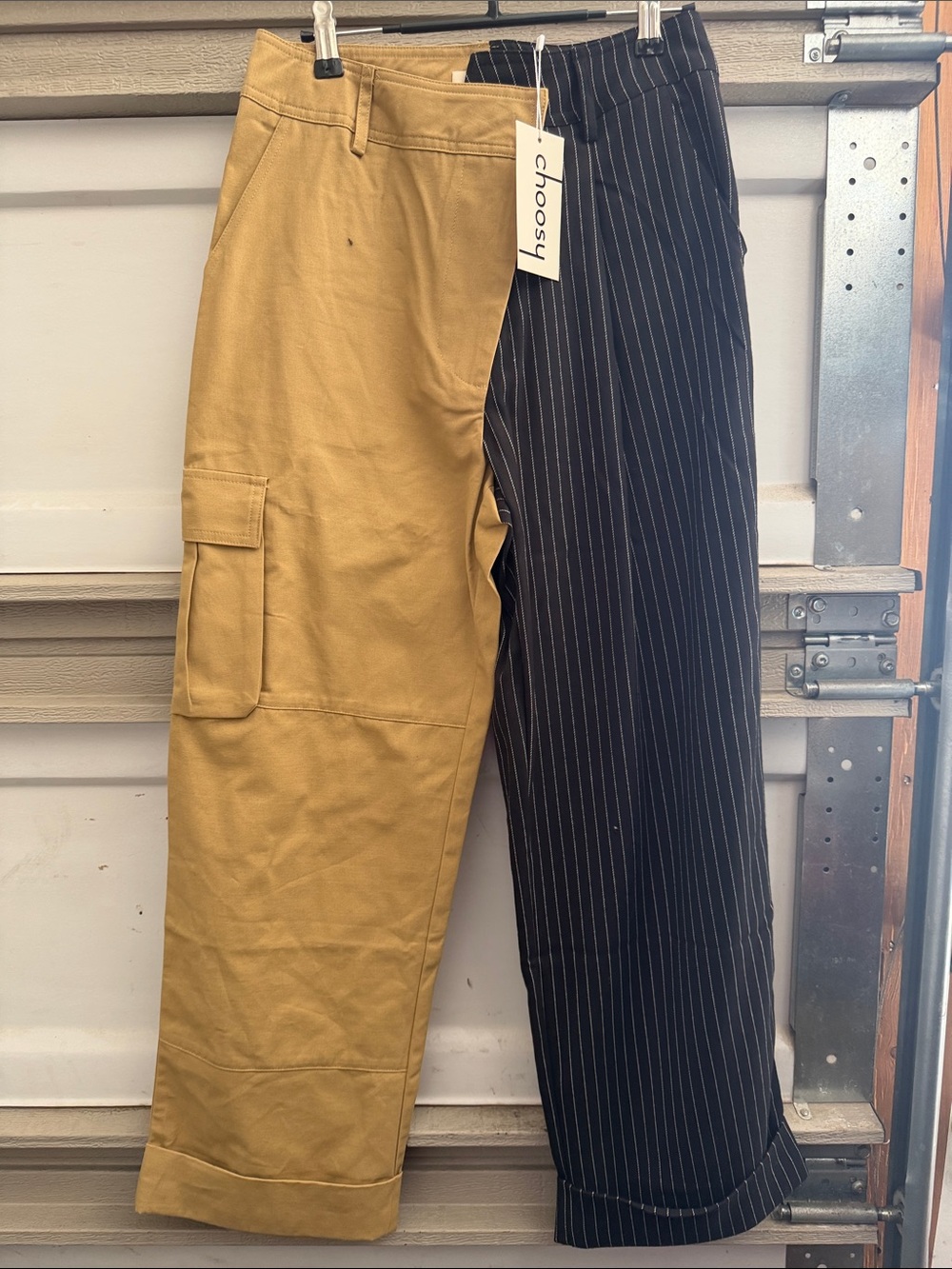 Choosy Two-Tone Women's Wide-Leg Pants — Tan and Black Pinstripe